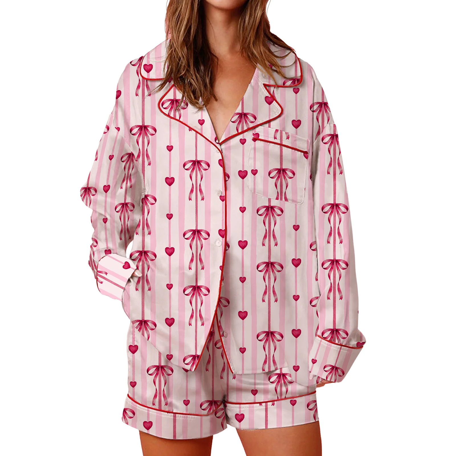 

Женский пижамный комплект ко Дню святого Валентина, топ с длинными рукавами и шорты с принтом в виде сердечек и бантом, на пуговицах, с отложным воротником, для дома, 2 предмета