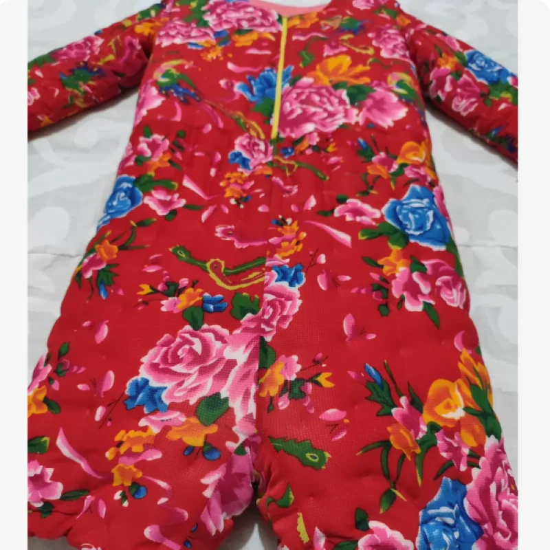 Couple Northeast Floral Print Thicken Bodysuit Long Sleeve Shorts Filling Cotton Jumpsuit Front Zipper Warm Loungewear Onesie﻿