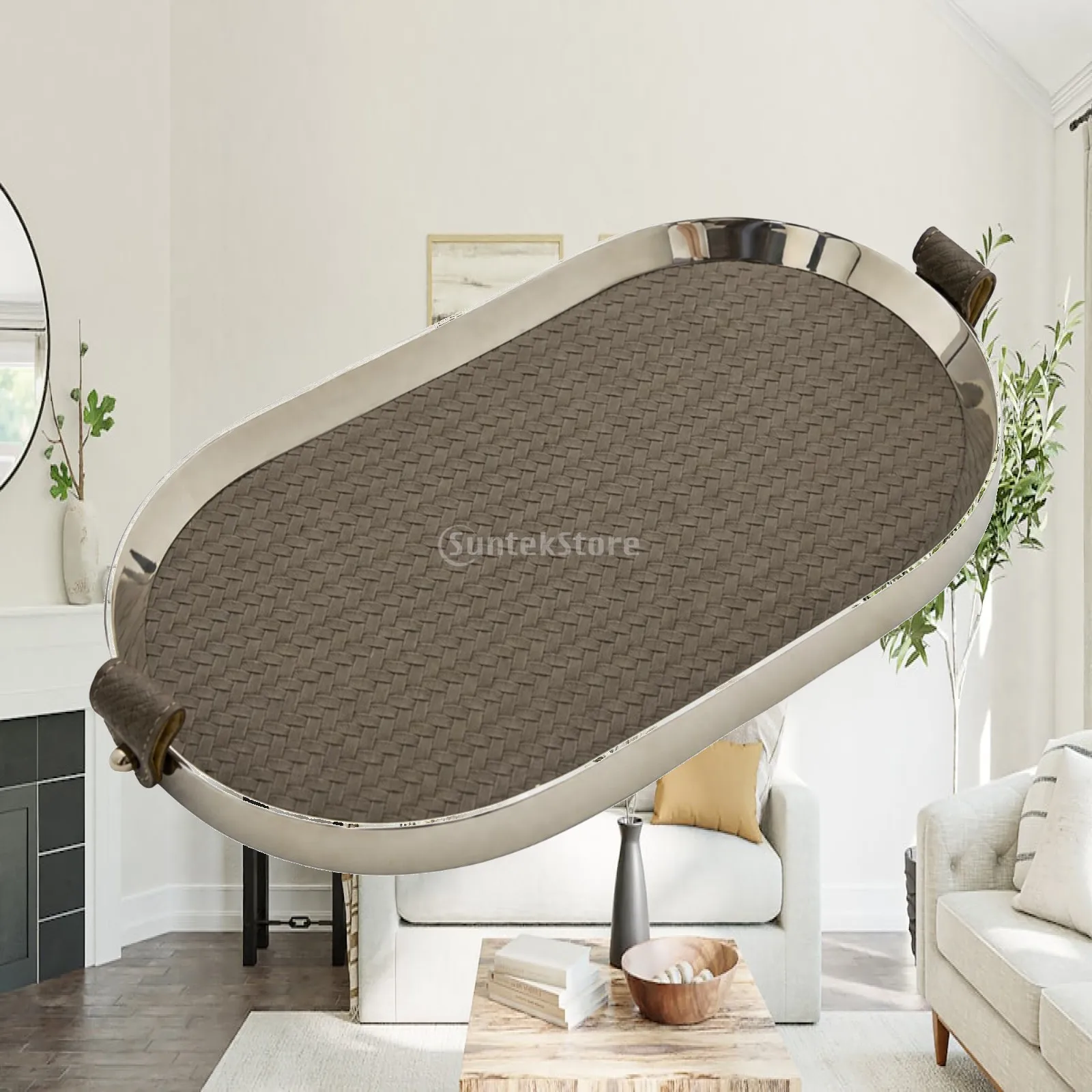 Premium Woven Leather Serving Tray Stainless Steel Decorative Round Tray for Home Decor Gift Hosting