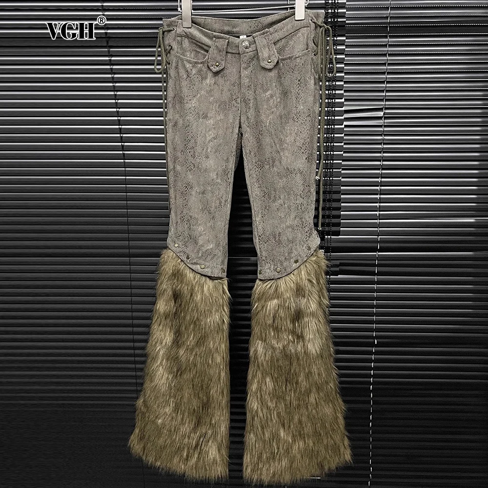 VGH Solidspliced Feather Chic Slimming Pants For Women High Waist Streetwear Design Sense Pant Female Fashion Style New Winter