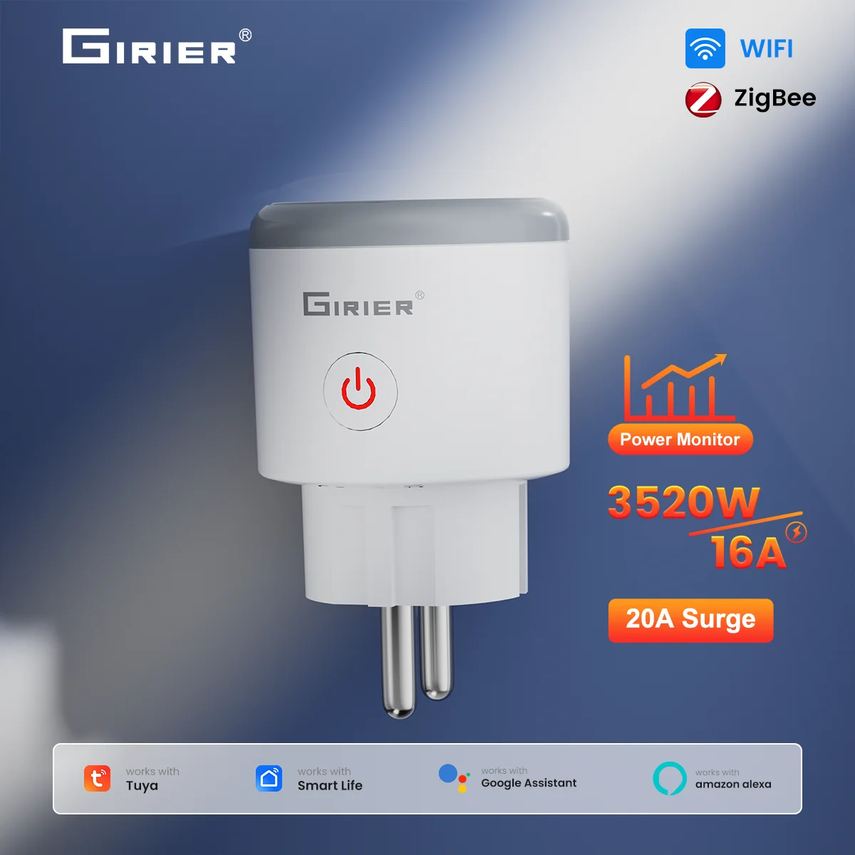 GIRIER Tuya Smart ZigBee Power Plug 16A WiFi Wall Socket Out