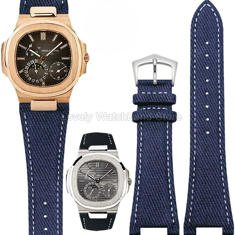 Wear‑Resistant Textile Surface Reinforced Edge Stitching Ergonomic Watchband 25x13mm for Patek Philippe Nautilus 5712/5711/5980