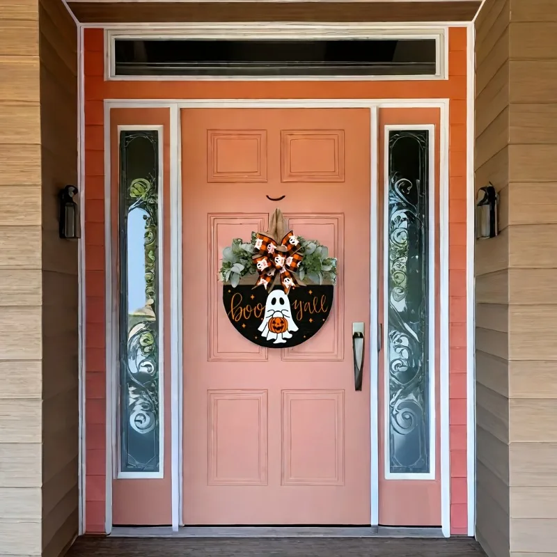 15-Inch Halloween Ghost & Pumpkin Wreath - Wooden Front Door Decor, Perfect for Housewarming Gift