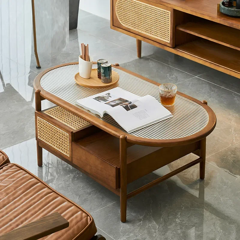 Quiefeng Solid Wood Rattan Coffee Table Oval Cherry Ash Wood Japanese Style Small Apartment Living Room Household Furniture