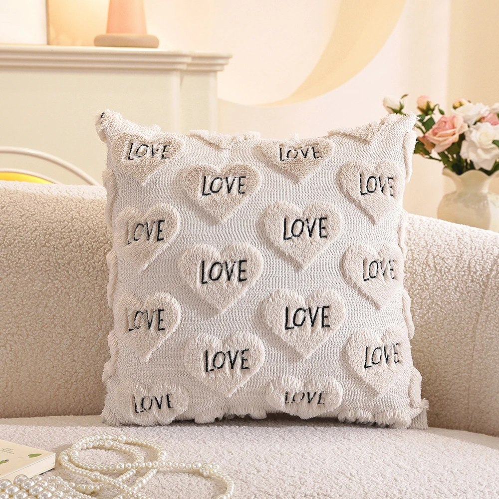 

Valentines Pillow Covers 18x18 Inch Valentines Day Decoration Beige Heart Soft Plush Faux Fur Jacquard Throw Pillows for Bedroom