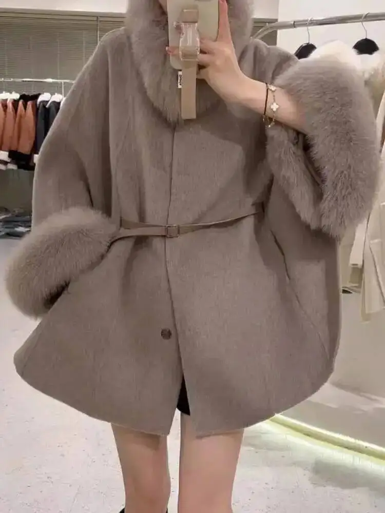 Korean Style Two Sided Cloak Overcoat For Women Fur Collars Belt Loose Long Coats 2026 Winter New 23Z1CHQ