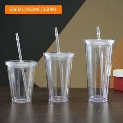 350/450/650ml Clear Tumbler With Straw Reusable Transparent Double-layer Water Bottle For Coffee Milk DIY Smoothie Cup Drinkware