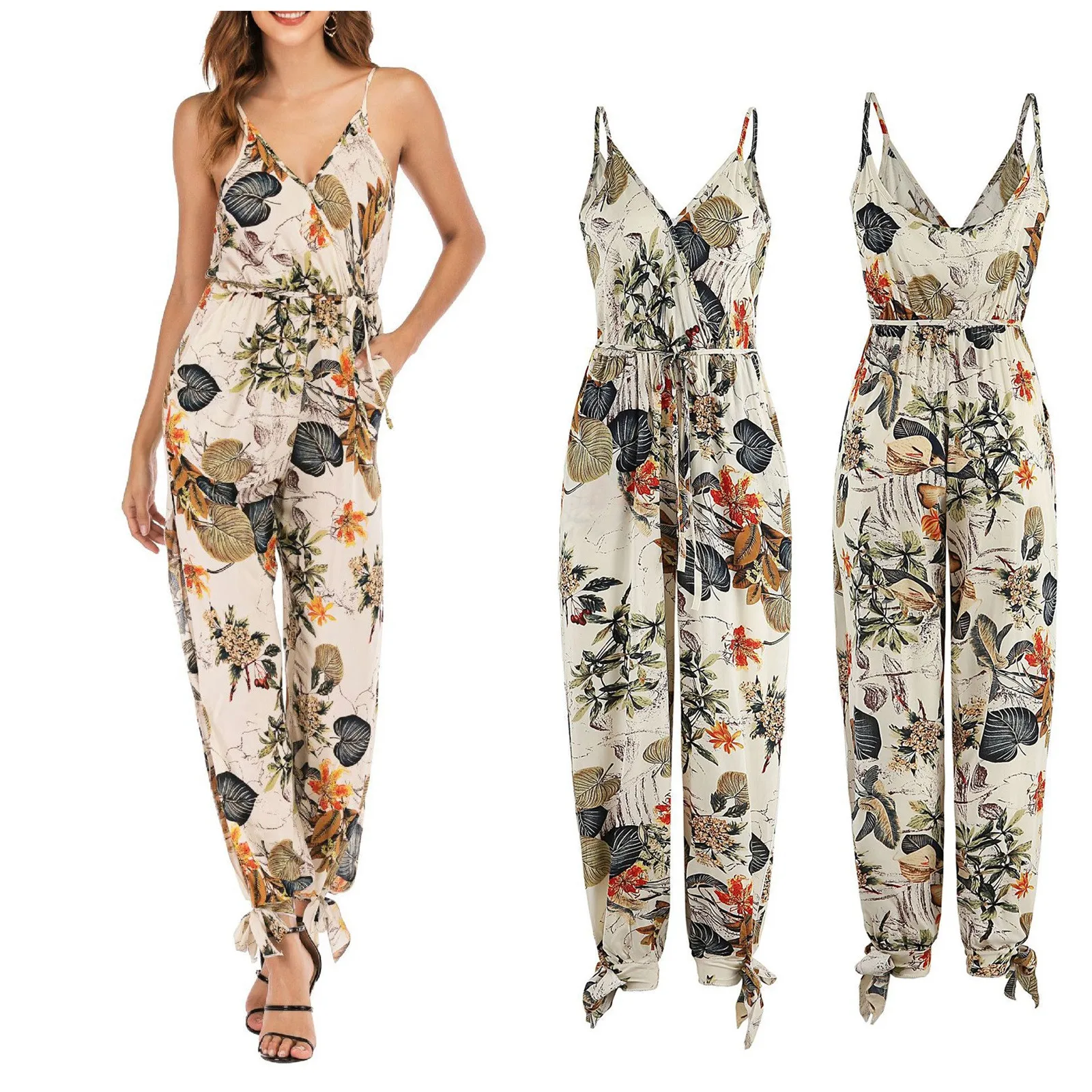 

Loose Sleeveless Strappy Jumpsuit Boho Casual Jumpsuits Vintage Ethnic Style Women Floral Print Rompers Sundress 2024 New