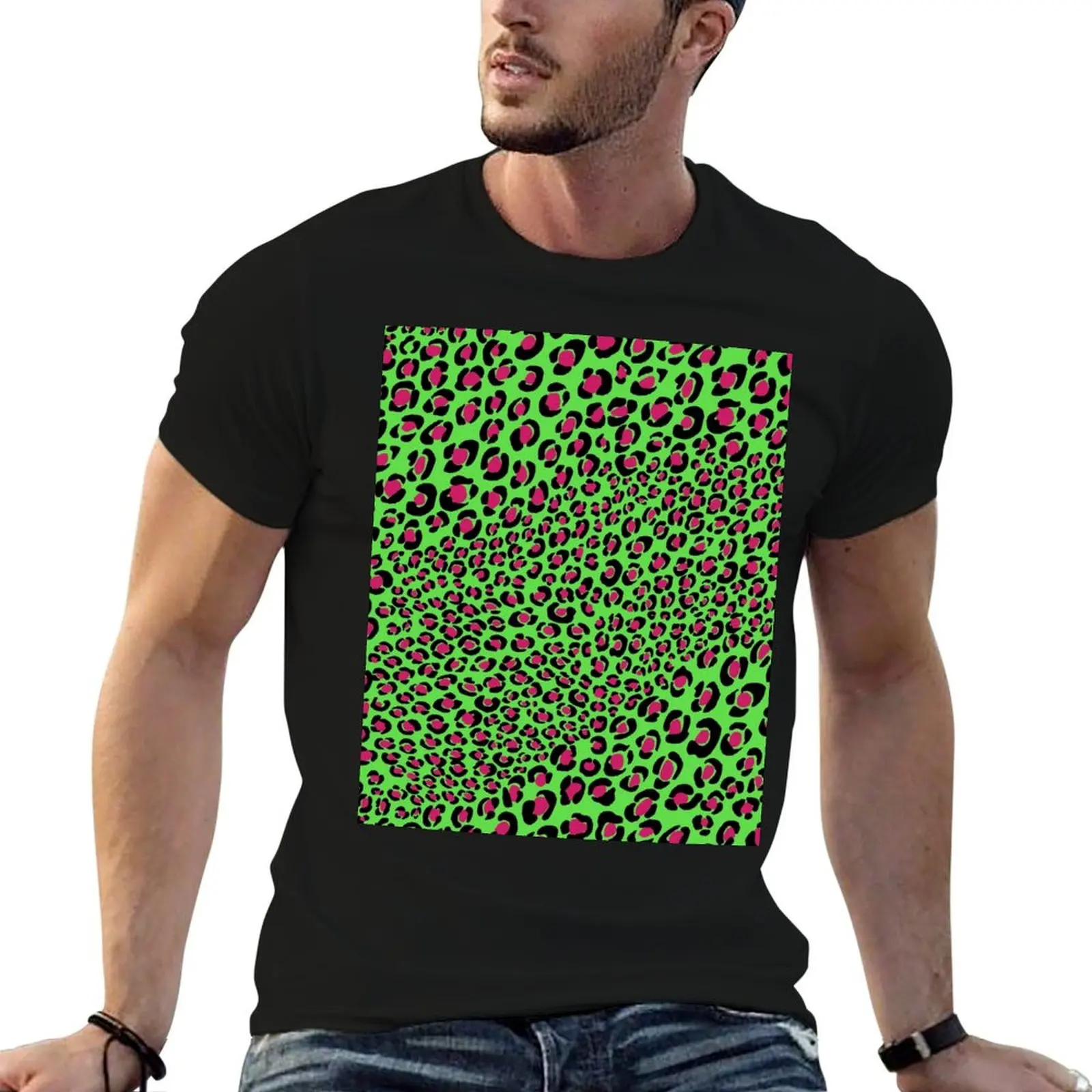 Pink green leopard print, cool animal print, punk glam pattern T-Shirt Basic Casual Wear Short Sleeve Top