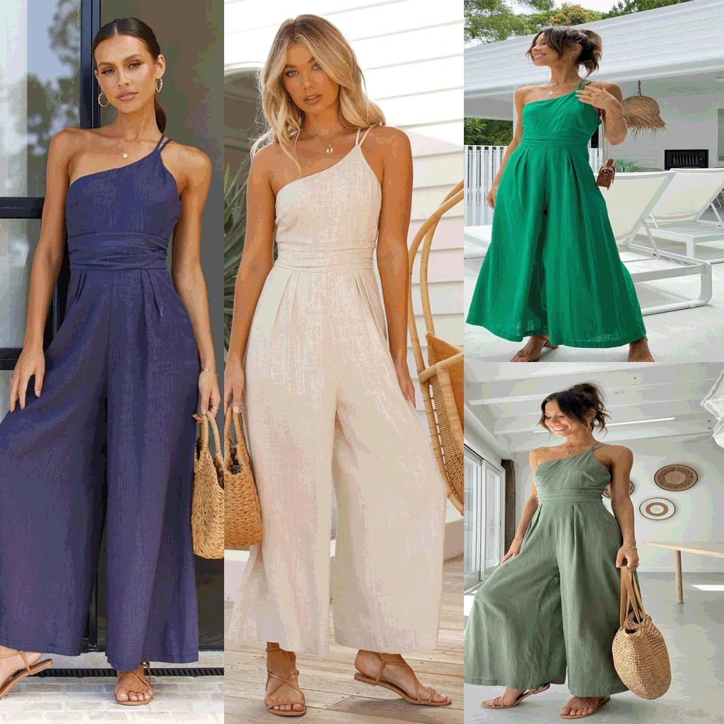 

2023 Spring Summer Romper New Women's Jumpsuit Solid Color Loose Wide Leg Cotton Linen Single Shoulder Strap Ladies Clothing