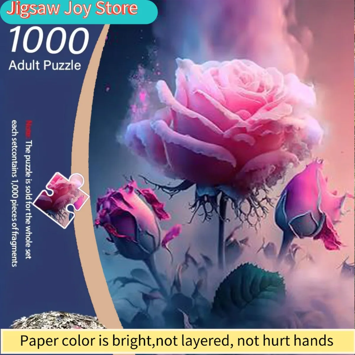

A 1000pcs Jigsaw Puzzle for Adults Featuring Enchanting Pink And Purple Roses with Petals Drifting in a Foggy Sky. Ideal for L
