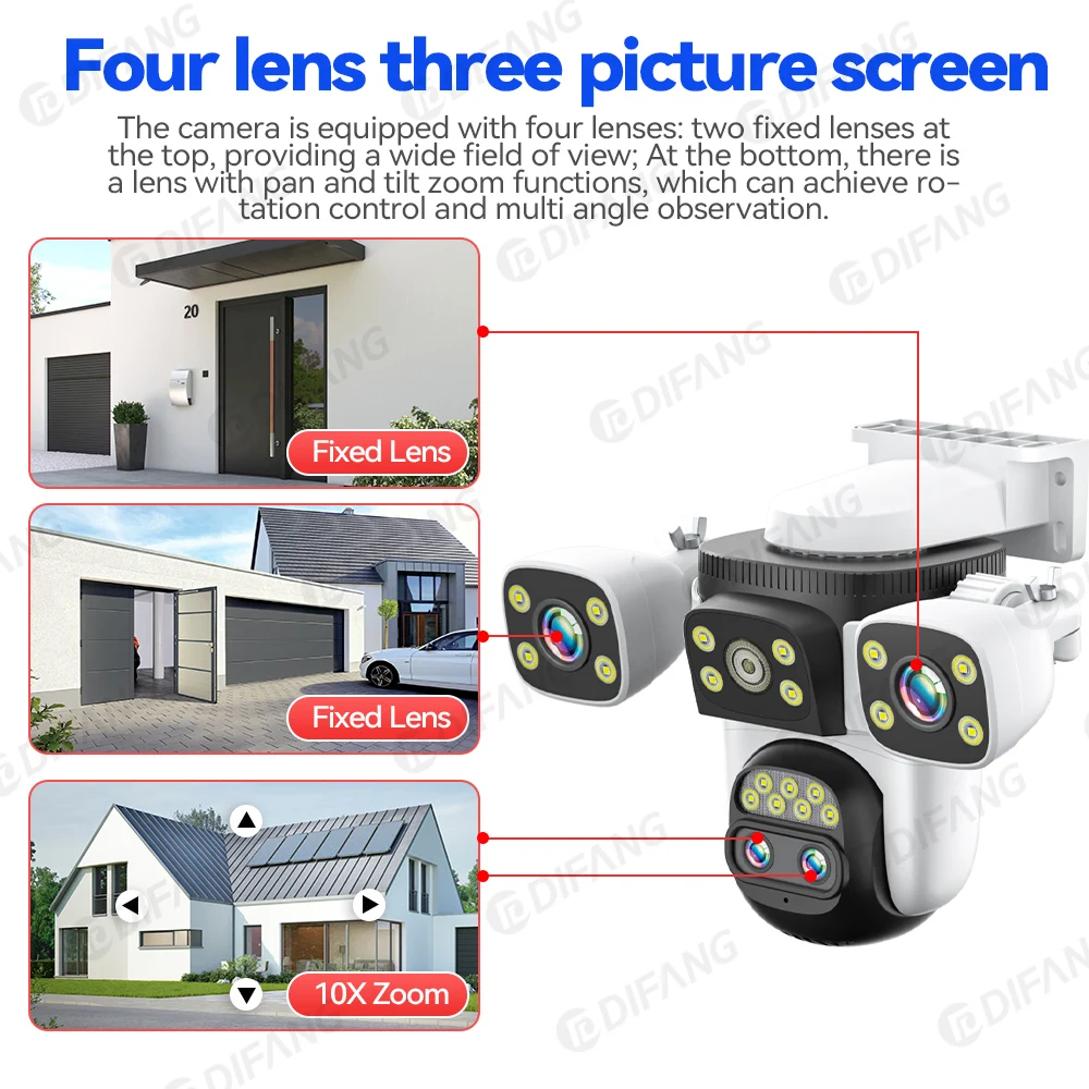 10K UHD WiFi6 Security Camera Outdoor Three Screen Surveillance Network Cam 10X Zoom PTZ 20MP Video Surveillance Smart Home