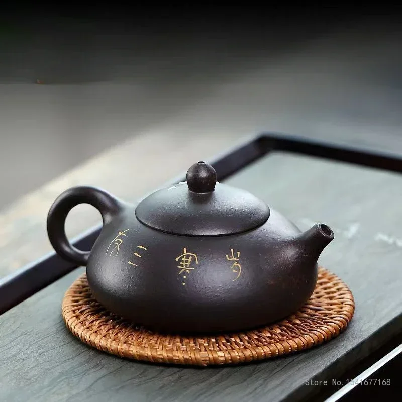 Chinese Style Kongfu Purple Clay Stone Ladle Pot, Raw Ore Black Gold Sand And Mud, Hand Drawn Teas Pots, Xishi Teapot 170ml, 1Pc