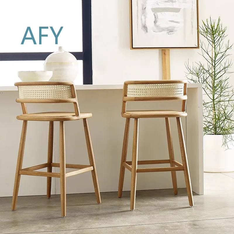 Solid Wood Bar Stool for KTV Hotel Reception for Modern Minimalist Front Desk Designer Home Instagram Bar Chair Woven Rattan