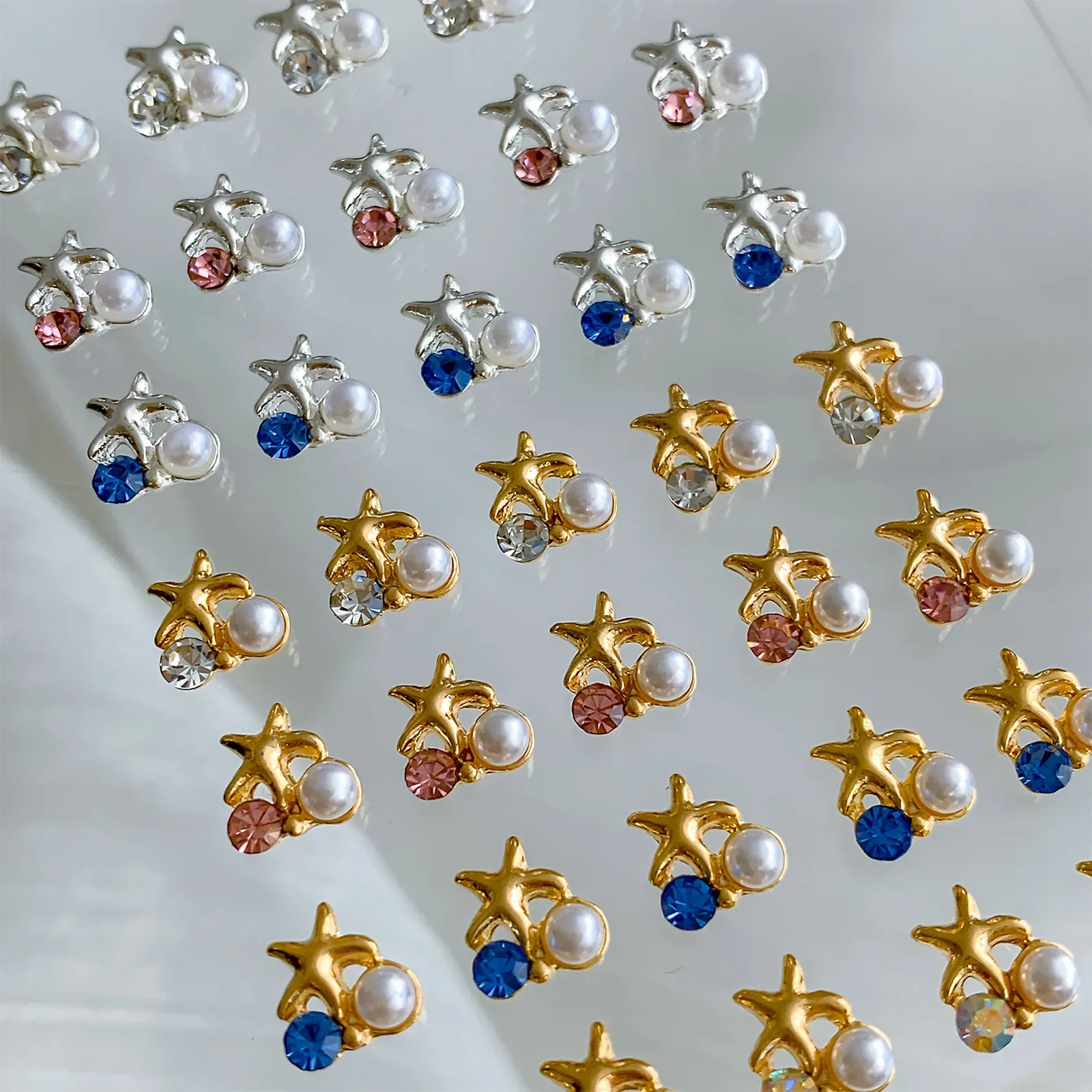 

Colored Rhinestone Pearl Gold Silver Alloy Starfish Shell 3D Nail Art Jewelry Decorations Summer Chic Metal Manicure Accessories