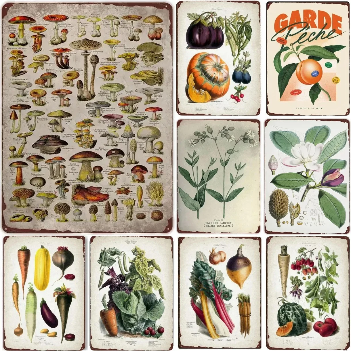 1Pc Retro Vegetable Plant Poster Vintage Fruits Metal Aluminum Sign Wall Art Sign Garden Kitchen Market Farm Flowers Plate Decor