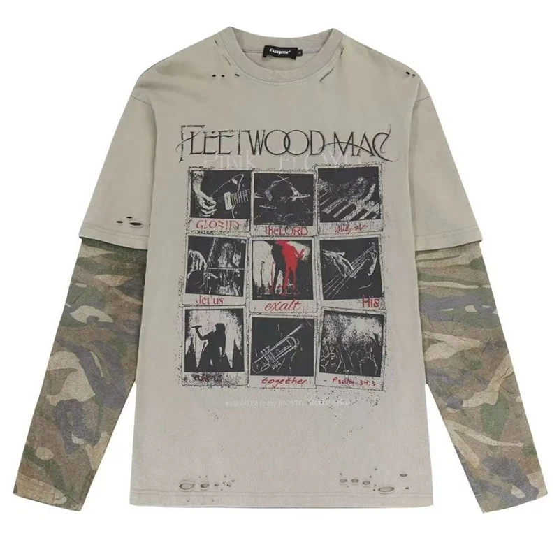 

Y2k Camoufalge Лоскутные винтажные футболки из двух предметов с длинными рукавами, мужские уличные футболки в стиле Харадзюку, большие футболки в стиле хип-хоп