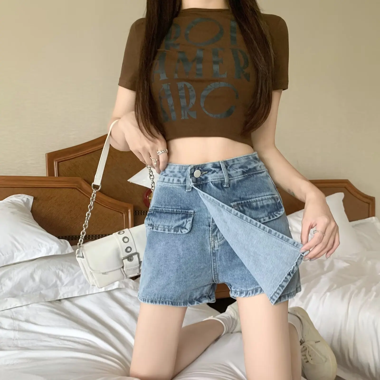 Large size women's spicy girl wearing A-line skirt, summer new chic covered meat denim shorts skirt