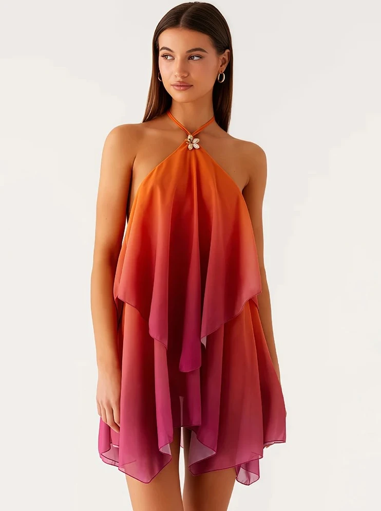 

Сексуальное мини-платье для клубной вечеринки — женское градиентное платье с лямкой на шее, сетчатым дизайном с открытой спиной, без рукавов с открытыми плечами и деталями на молнии