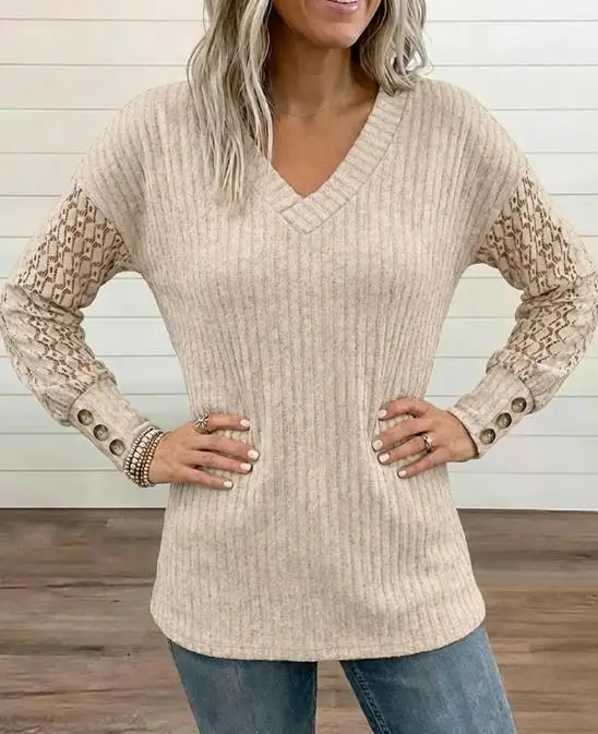 

Top Women 2026 Spring Autumn New V-Neck Lace Spliced Long Sleeve Ribbed Tee Casual Button Decor Cuffs Knit Brushed Top