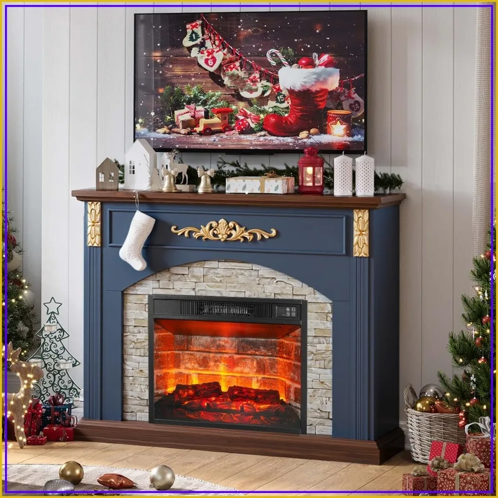 44in Electric Fireplace with Mantel, Stacked Stone Surround, Gold Carvings, Red Brick Insert, Blue