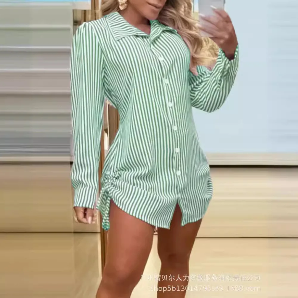 Striped Side Drawstring Buttoned Shirt Dress Women Single Breasted Fashion Summer Loose Blouse Shirts Top