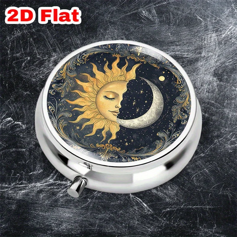 Single-piece, flat, round three-compartment box, decorated with a bright moon circular pattern design, small storage box for sorting and dispensing medication, decorative metal pill box