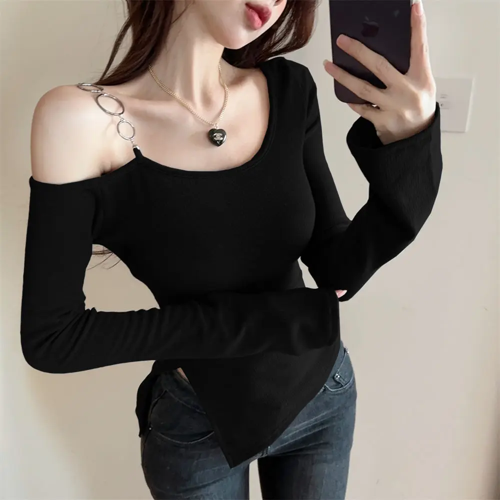 

2024 Spring/Summer New Sexy Spicy Girl Grey Shoulder Ring Decoration Thin Knitted Top Women'S Waist Wrap Bottom Inner Layup