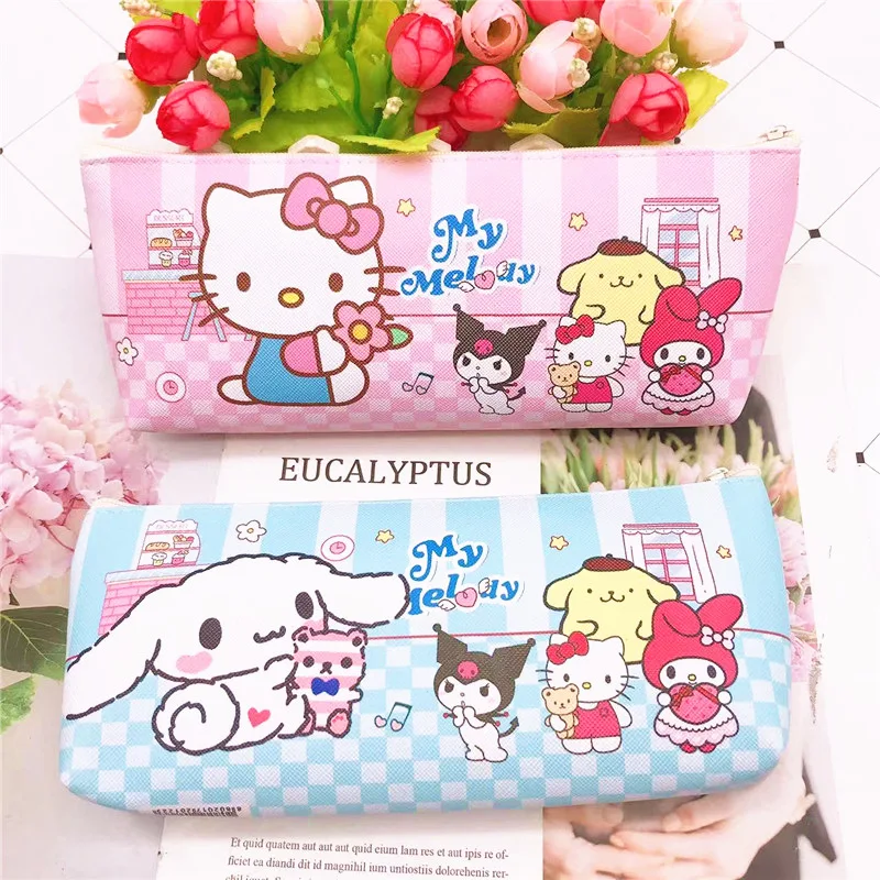 2025 Sanrio Pen Bag Kawaii Miniso Mymelody Kuromi Cinnamoroll Korean Student Cartoon Pu Stationery Storage Bag