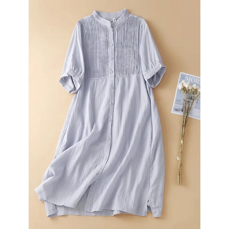 Cotton Women Clothes New Organ Pleats Stand Collar Short Sleeve Mini Dresses Patchwork Pleated Shirt Dress Vestido De Festa N606