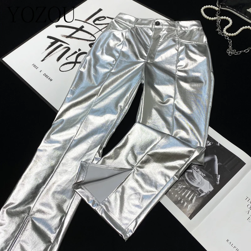 

[YOZOU] Chic Shiny Silver Metal Aesthetic Loose Elegant Baggy Split Women Wide Trousers Pants Korean Slacks Party Rave Outfits