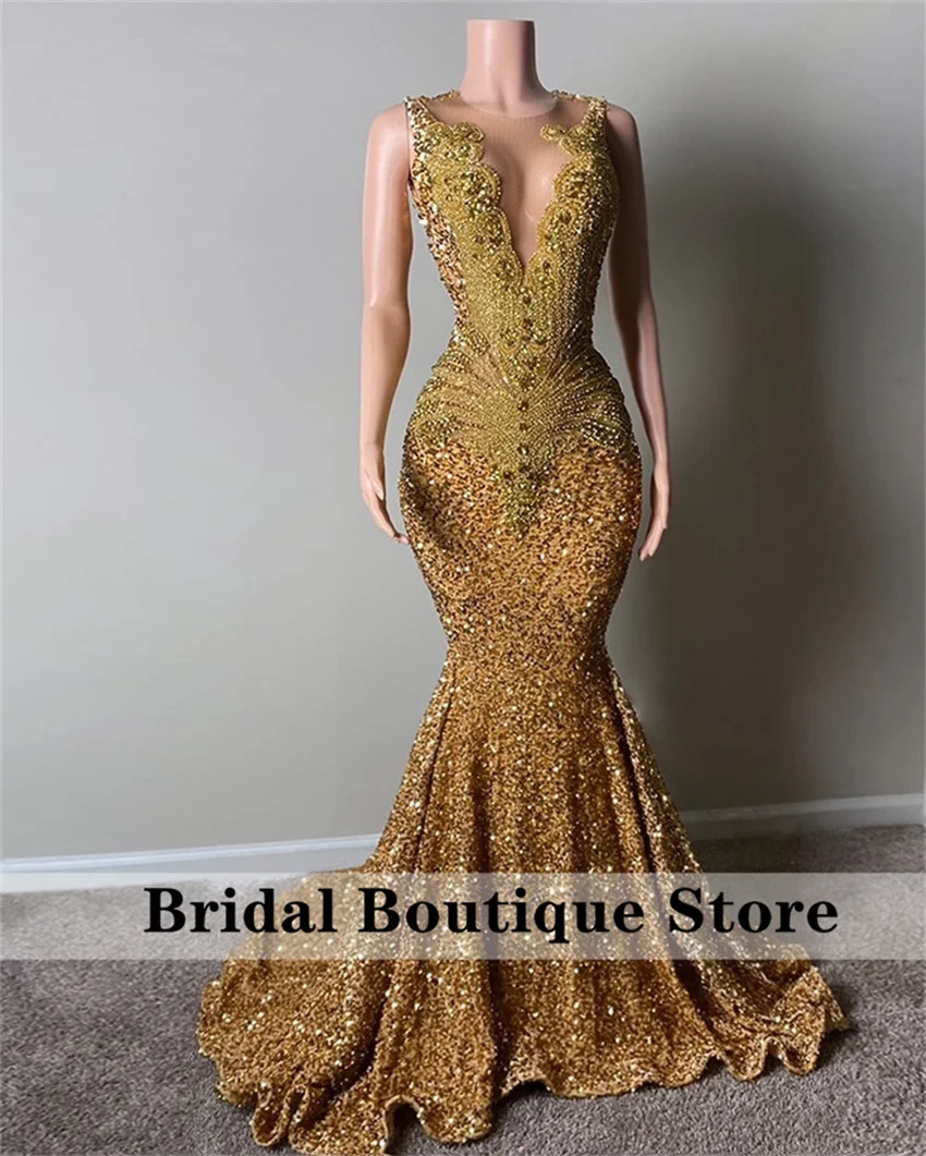 Sparkly Gold Diamonds Long Prom Dress 2025 Beads Crystals Rhinestones Sequins Gown Birthday Party Wedding Reception Customized image 2