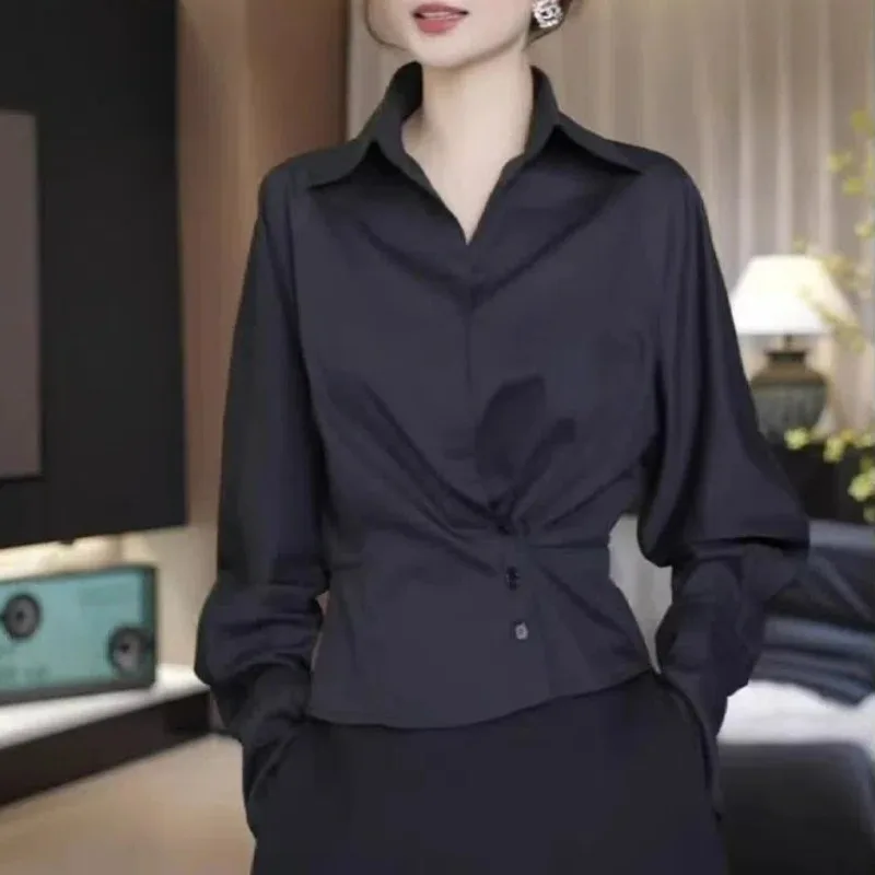 Frauen Koreanische Mode Business Casual Elegantes Hemd Büro Dame Schwarz Weiß Asymmetrische Design Bluse Langarm Schlank Chic Tops