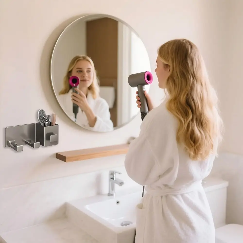 

Wall Mounted Hair Dryer Holder without Drilling Space Saving Hair Dryer Shelf Durable Multi-Functional Storage Bracket Toilet