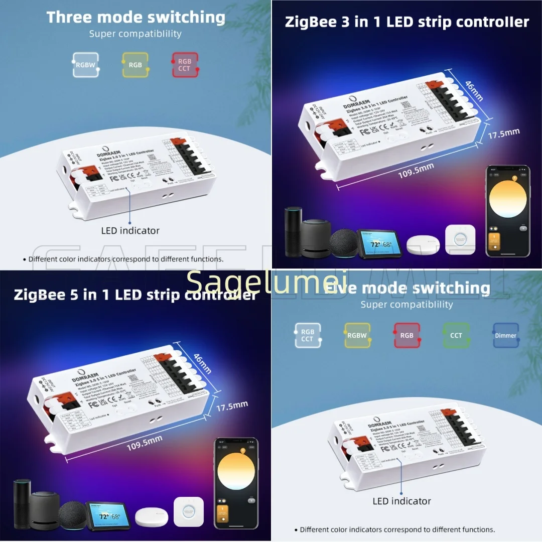 

ZigBee3.0 DOM-Z-101P/103P/105P LED Controllers 5-in-1/3-in-1 DC12-24V Smart RGBCCT LED Controller Dimmer WW/CW RGB RGBW Strips