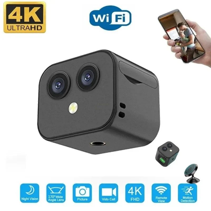 Mini WiFi Cam Smart Home 4K HD Sorveglianza di sicurezza wireless Micro doppia webcam Videocamere IP Visione notturna Monitor sportivo Magnete