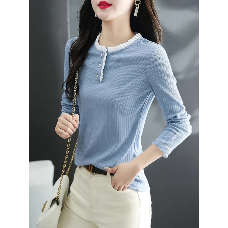 Spring Autumn Comfortable Sweet Solid Color Women\'s Clothing Round Neck Pullover Patchwork Long Sleeve T-shirt Casual Tops