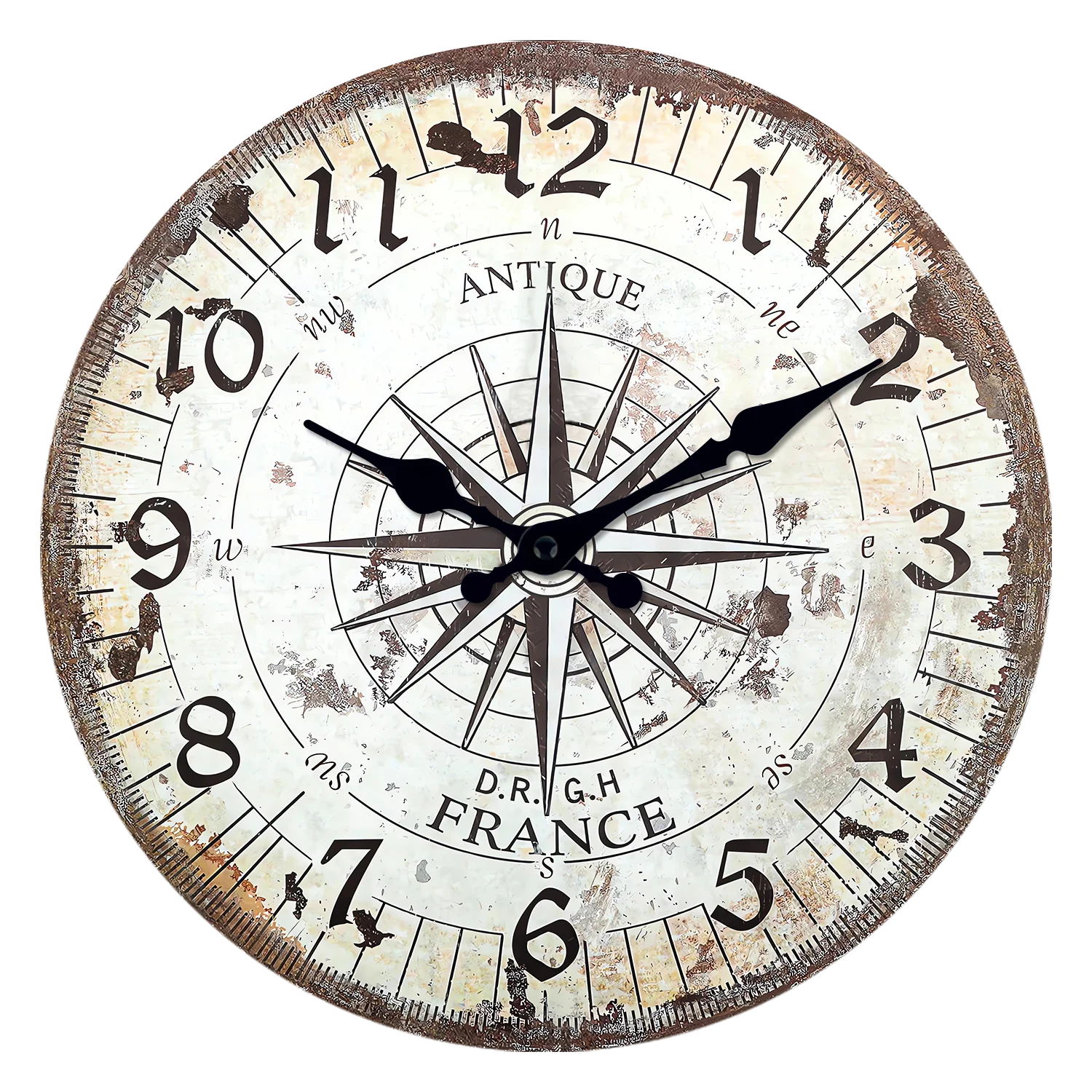 Vintage American-Style Compass Pattern Wooden Wall Clock for Living Room, Bedroom, Kitchen, Home Decoration, Silent Quartz Clock, Holiday Gift, 10 Inches, 12 Inches (No Battery)