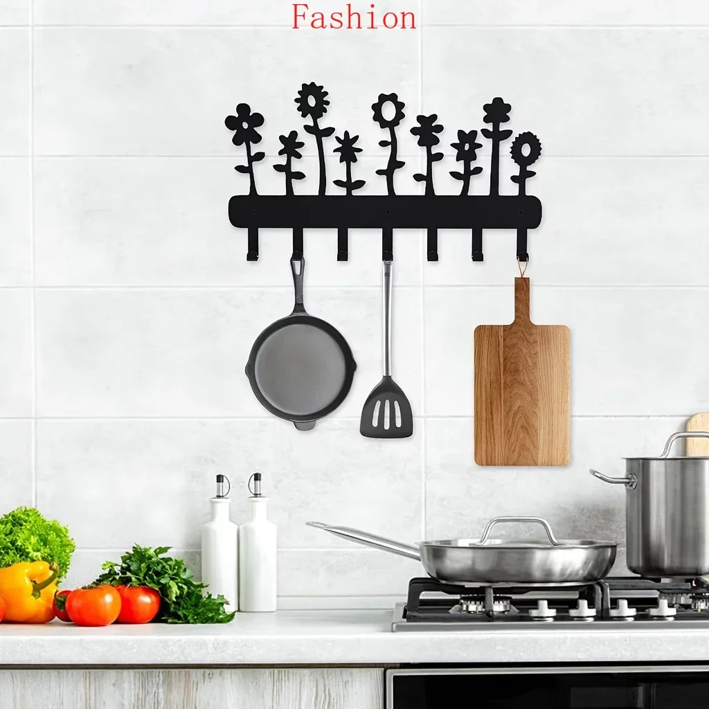 

Flower Metal Key Holder 7 Hooks Tulip Daisy Black Iron Hanger Wall Mounted Hooks Decorative Hooks Organiser Rack Bag Clothing Wa
