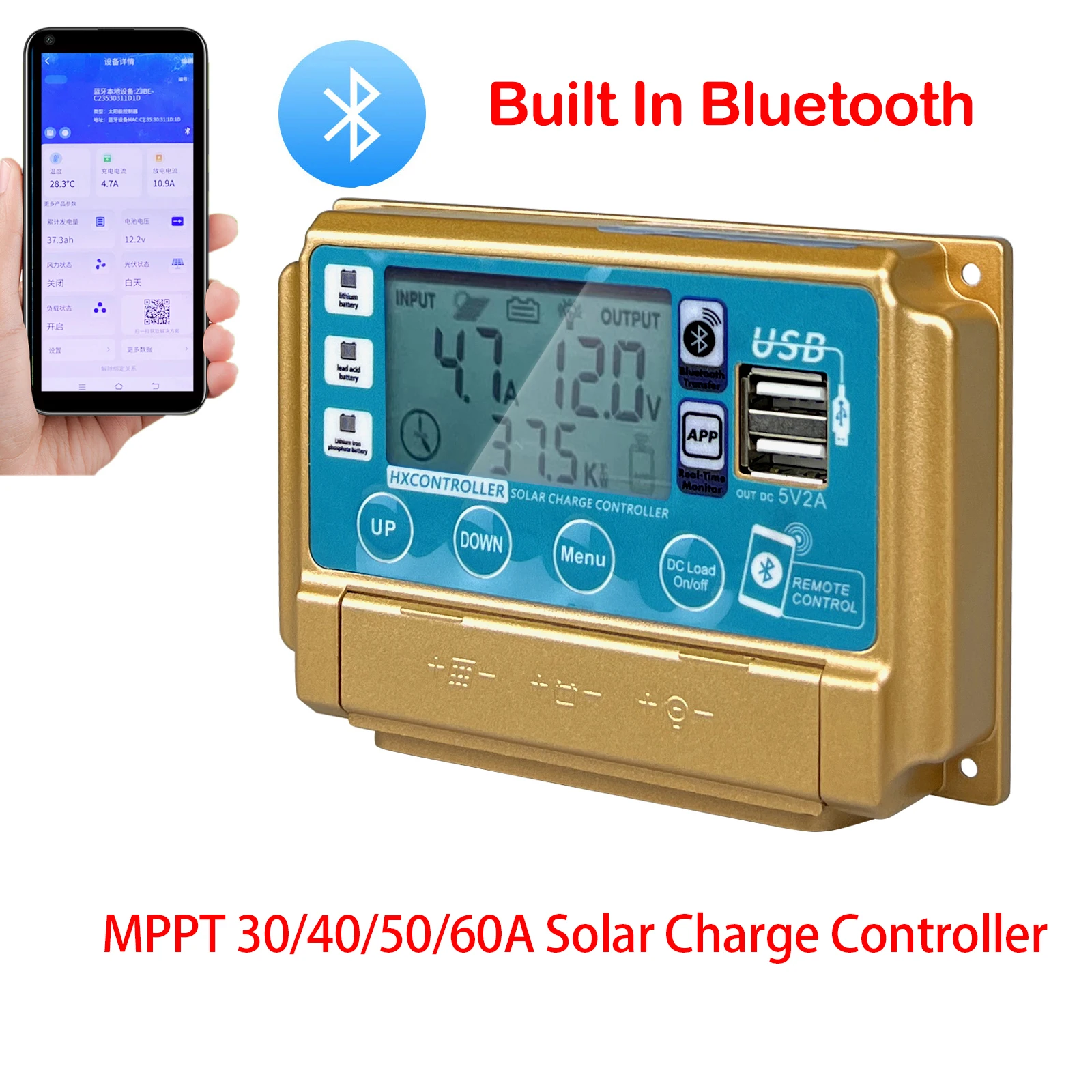 

MPPT Solar Charge Controller 30A 40A 50A 60A Dual USB LCD Display 12V 24V Solar Cell Panel Charger Regulator with Bluetooth WIFI