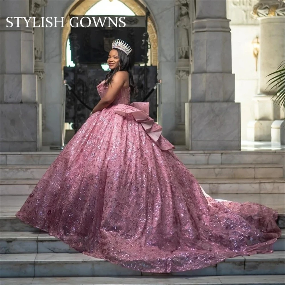 Sparkly Pink Bead Quinceanera Dresses Ball Gown 2024 Sweetheart Rose Gold Sequins Sweet 16 Dress Lace-up Robe De Bal Customized