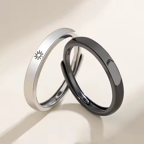 Fashion Simple Couple Ring Silver Color Sun Moon Adjustable Open Ring Jewelry For Women Men Wedding Anniversary Gifts