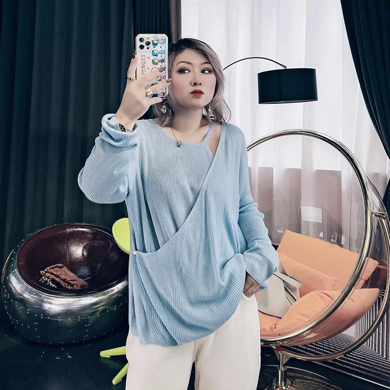 

Вязаный топ больших размеров, свободный, средней длины, женский, повседневный, осенний, модный, с эффектом двухслойности, дизайн 300 Pou MM