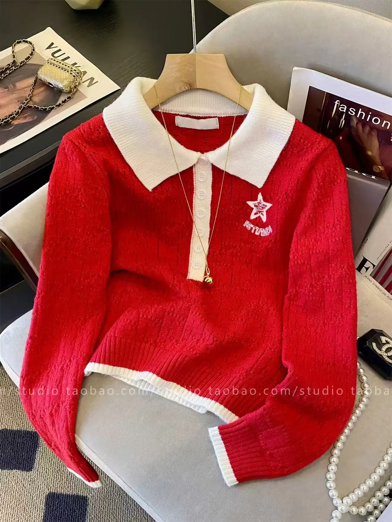 

Retro Pentagram Embroidery Lape Knitted Pullover Women Spring Autumn New Long Sleeve Loose Sweater Fashion Versatile Tops