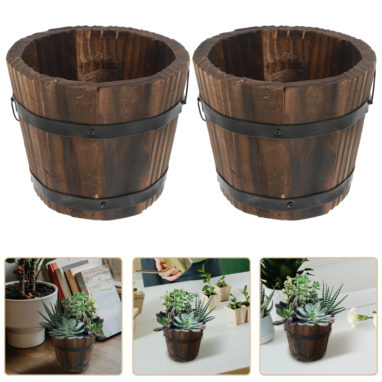 2 Pcs Planter Pot Flowerpot Decor Wooden Bucket Bonsai Tree Coffee House Plants