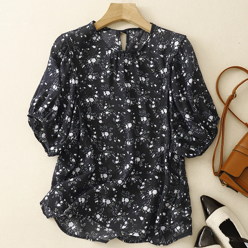 

High-End Slim Fit Retro Print Floral round Neck Short Sleeve Loose Bubble Sleeve Shirt Women Summer Casual Cotton Blouse