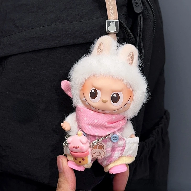 Комплект комбинезонов 4-го поколения Mini Labubu Heart Code, розовый нагрудник и клетчатый комбинезон, милый джинсовый наряд для виниловой куклы 10 см (только одежда)