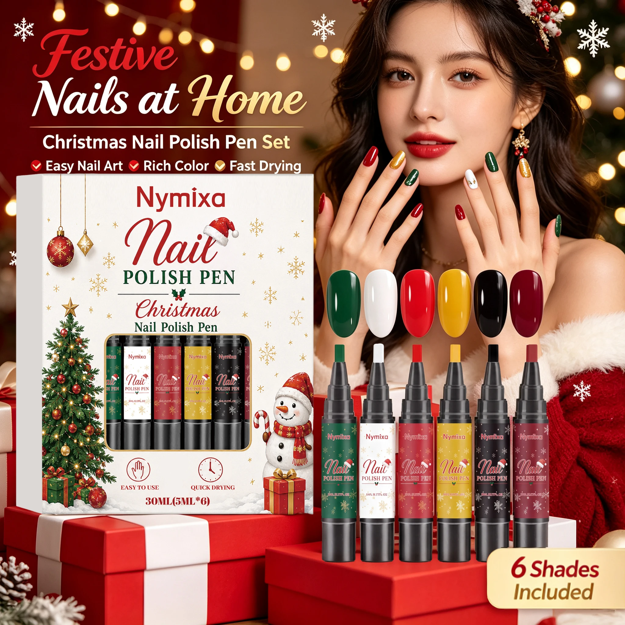 6 Colors DIY Nail Art Markers Fast Dry Water-Based Nail Art Marker Christmas New Years Nail Painting Kit DIY Xmas Manicure Gift