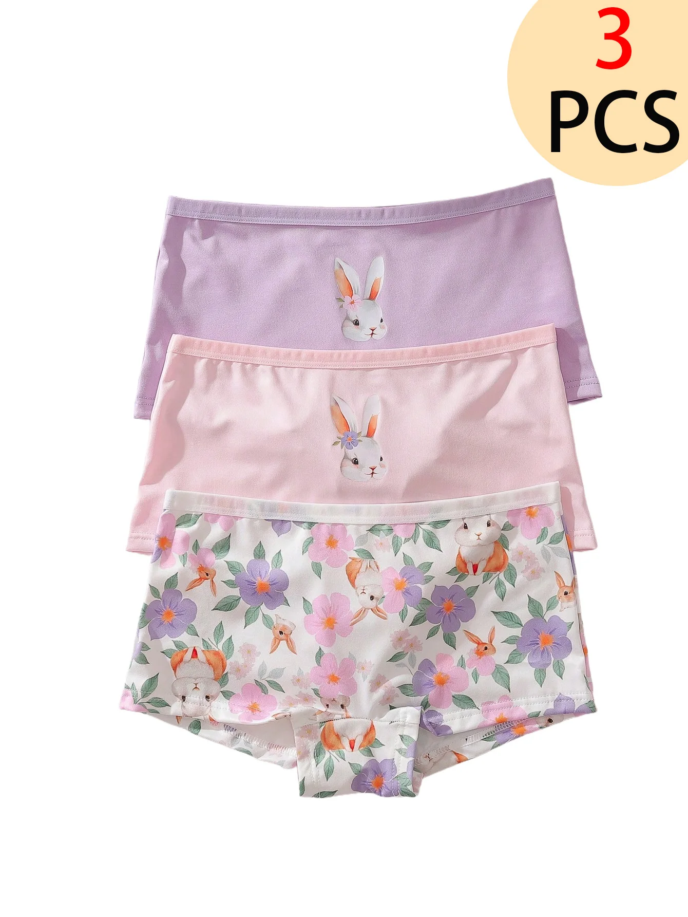 3-Pack Cute Rabbit Floral Print Girls' Underwear 8-12 Years Old Comfortable Breathable Flat-Bottom Briefs Girls' Panties