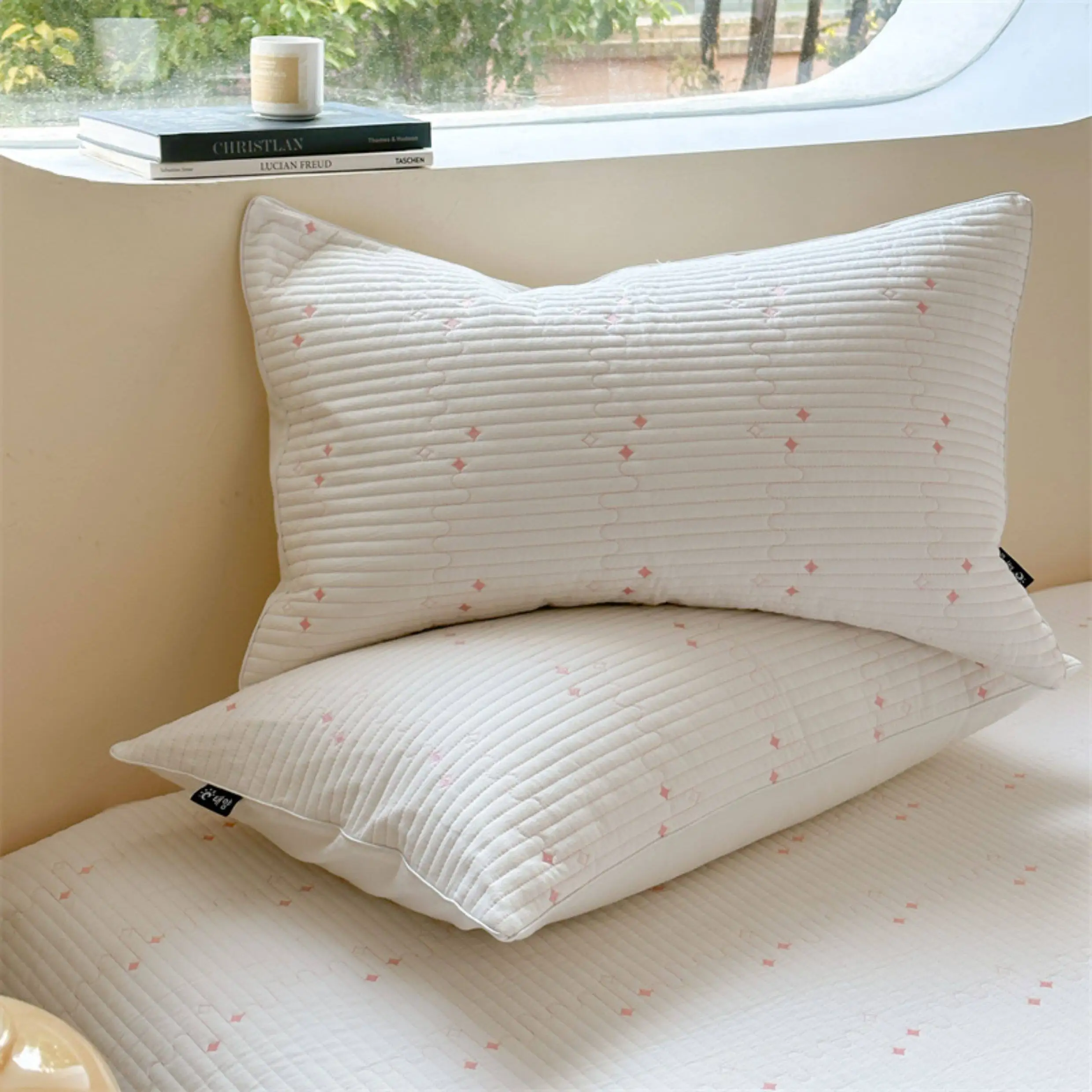 Striped Quilted Cotton Pillowcase with Small Embroidery Ins Style Pillow Cover Breathable Pillow Protector for Bedroom/Dorm Gift